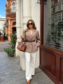 Autumn/Winter New French Style Premium Light Brown Vertical Striped Blazer With Detachable Wide Waist Belt, Slimming Mid-Length Commuter Jacket - Khaki - View 1