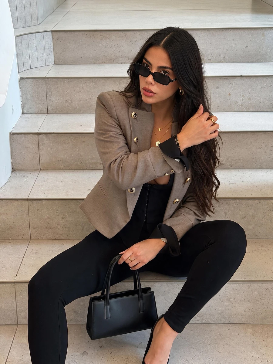 Women's Elegant Double-Breasted Gold Button Point Collar Blazer, Formal Short Commuter Suit Jacket - Grey - View 1