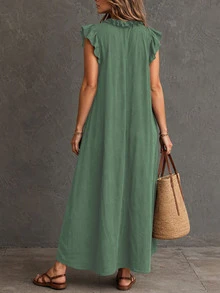 Women's Plus Size Country Western Hippie Bohemian Patchwork Floral V-Neck Button Short Sleeve Flowy Maxi Dress Elegant Summer - Green - View 3