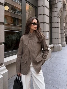 HH Women's Autumn Plaid Print Blazer Jacket, Fashionable Stand Collar Long Sleeve, Suitable For Office, Commuting And Daily Wear - Mocha Brown - View 3