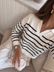 Women's New Classic Retro Style Black And White Striped Collar Long Sleeve Knit Sweater Fall - Black and White - View 4