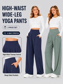 2pcs Solid Color High Waist Wide Leg Yoga Pants For Women, All Season Versatile Casual Fitness Sports Pants Fall - Grey - View 1