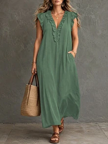 Women's Plus Size Country Western Hippie Bohemian Patchwork Floral V-Neck Button Short Sleeve Flowy Maxi Dress Elegant Summer - Green - View 2