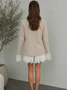 Women Fall Elegant Casual Chic Beige Lace Trim Button Up Long Sleeve Blazer For Vacation Office Going Out - Apricot - View 3