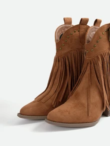 CHICVUE Women's Fashion Fringe Decor Rivet Platform Slip-On Boots, Versatile, Solid Color - Brown - View 4