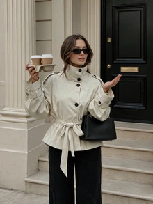 Women Fall Elegant Casual Beige High Neck Long Sleeve Short Jacket For Vacation Office Going Out - Apricot - View 4