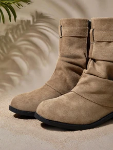 Tropiscape 2025 Western Ruched Ankle Boots For Women, Autumn/Winter Vintage Cowboy Riding Boots With Buckle, Holiday Style - Khaki - View 4