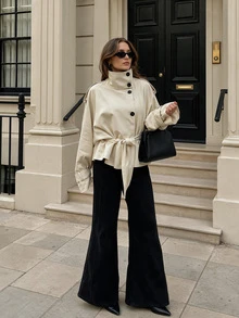 Women Fall Elegant Casual Beige High Neck Long Sleeve Short Jacket For Vacation Office Going Out - Apricot - View 2