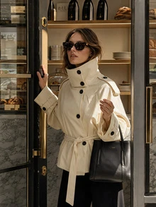 Women Fall Elegant Casual Beige High Neck Long Sleeve Short Jacket For Vacation Office Going Out - Apricot - View 1
