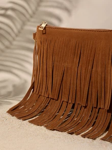 Tropiscape Fashionable Hot-Selling Crossbody Bag, Vintage Brown Tassel Shoulder Bag, Bohemian Small Square Bag - Multicolor - View 4