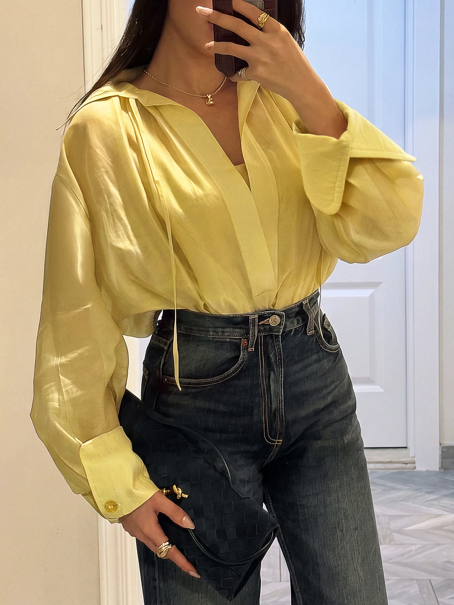 Women's Loose Slightly Sheer Yellow Long Sleeve Shirt With Collar And Ribbon Design, All Season Fashion - Yellow - View 1