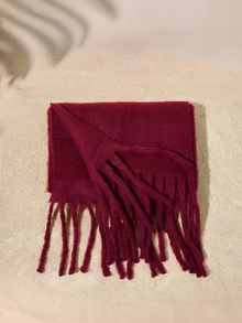 Tropiscape 1pc Solid Color Scarf, Warm Neck Accessory For Winter, Thick Knitted Fringed Shawl, Suitable To Pair With Dresses - Burgundy - View 2
