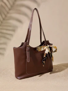 Tropiscape Fashionable Minimalist Solid Color Letter Print Shoulder Handbag With Scarf, Suitable For Young Women, College Students - Coffee Brown - View 3