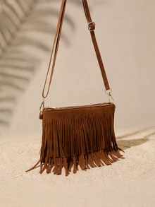 Tropiscape Fashionable Hot-Selling Crossbody Bag, Vintage Brown Tassel Shoulder Bag, Bohemian Small Square Bag - Multicolor - View 3