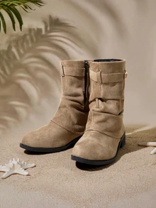 Tropiscape 2025 Western Ruched Ankle Boots For Women, Autumn/Winter Vintage Cowboy Riding Boots With Buckle, Holiday Style - Khaki - View 2