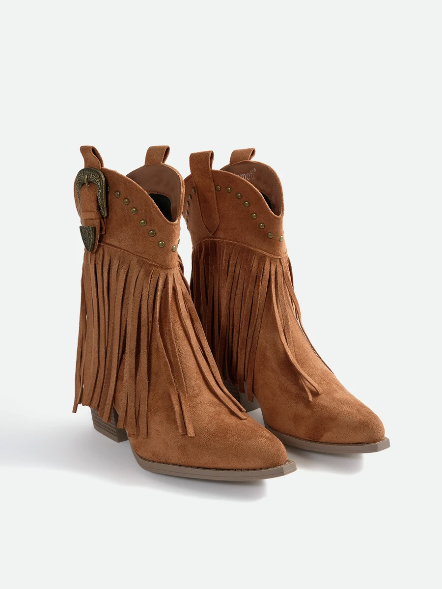 CHICVUE Women's Fashion Fringe Decor Rivet Platform Slip-On Boots, Versatile, Solid Color - Brown - View 1