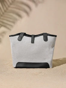 Tropiscape Contrast Color Shoulder Bag With Dual Handles, Suitable For Work Or School. Perfect For Graduate Students, Young Women - Black - View 2