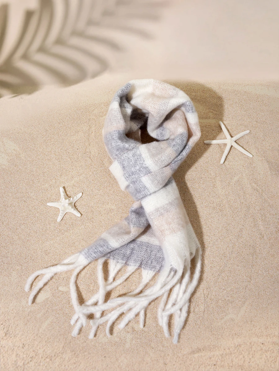 Tropiscape 1pc Elegant Lady Knitted Fringe Scarf - Comfortable, Windproof, And Warm, Suitable For Autumn And Winter Seasons | Ideal Gift - Multicolor - View 1
