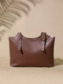 Tropiscape Fashionable Minimalist Solid Color Letter Print Shoulder Handbag With Scarf, Suitable For Young Women, College Students - Coffee Brown - View 2