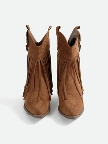 CHICVUE Women's Fashion Fringe Decor Rivet Platform Slip-On Boots, Versatile, Solid Color - Brown - View 2