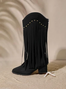 Tropiscape Women's Mid-Calf Boots Vintage Punk Rivet V-Cut Western Cowboy Boots With Fringe, Match With Sweater - Black - View 3