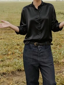 Damen Ganzjahres Einfarbige Bluse, Pendeln Arbeit Täglich Büro Minimalistisches Langarm Top, Schwarz - Schwarz - Übersicht 1