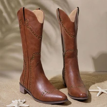 Tropiscape Sepatu Bot Fashion Wanita, Sepatu Bot Gaya Barat, Sepatu Bot Setinggi Betis dengan Potongan V dan Hiasan Paku Keling Cokelat, Sepatu Bot Ujung Persegi dengan Hak Tebal Rendah - Coklat - View 2