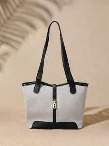 Tropiscape Contrast Color Shoulder Bag With Dual Handles, Suitable For Work Or School. Perfect For Graduate Students, Young Women - Black - View 1