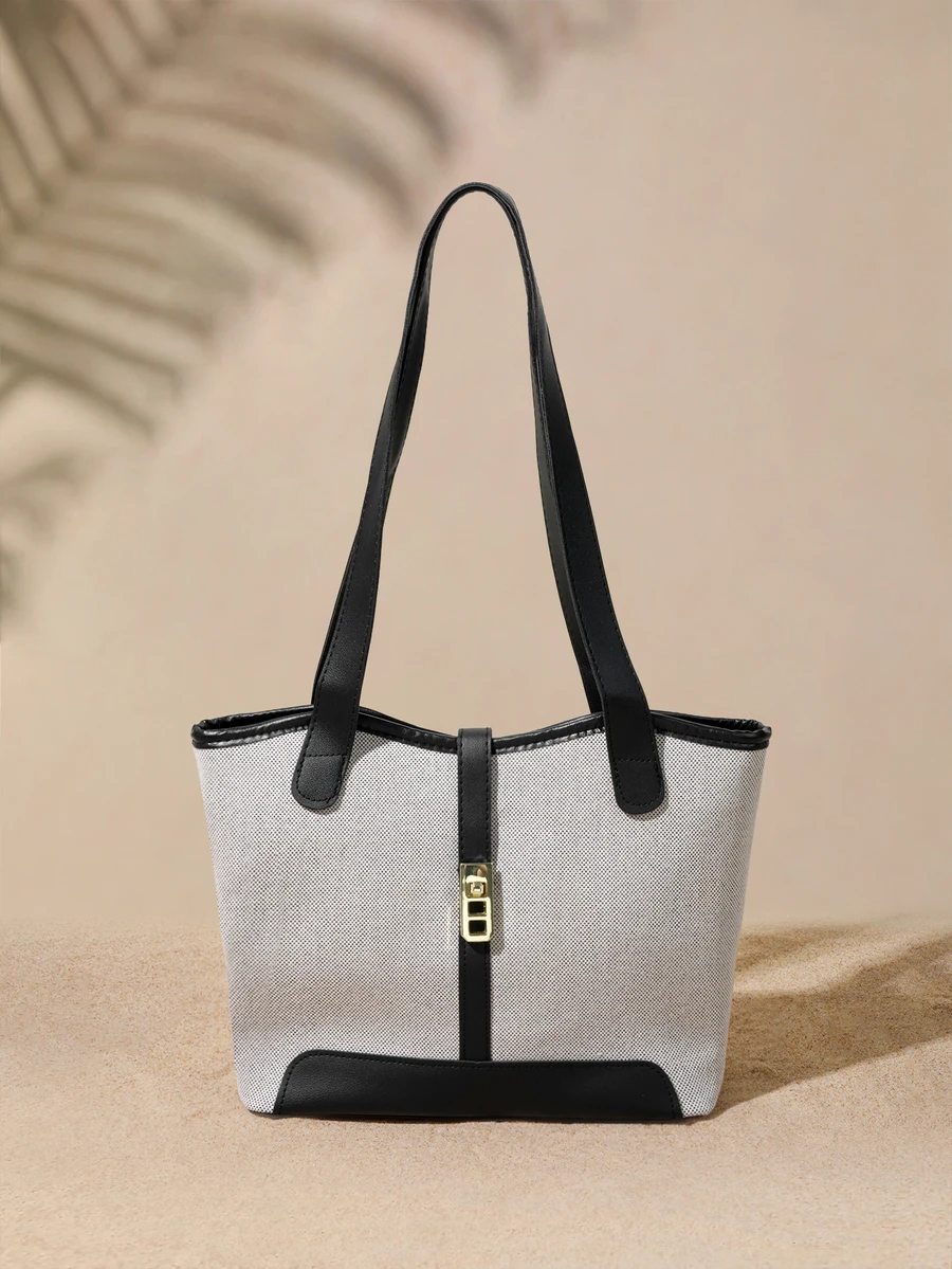 Tropiscape Contrast Color Shoulder Bag With Dual Handles, Suitable For Work Or School. Perfect For Graduate Students, Young Women - Black - View 1