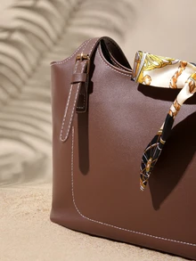 Tropiscape Fashionable Minimalist Solid Color Letter Print Shoulder Handbag With Scarf, Suitable For Young Women, College Students - Coffee Brown - View 4