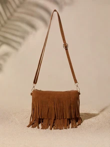 Tropiscape Fashionable Hot-Selling Crossbody Bag, Vintage Brown Tassel Shoulder Bag, Bohemian Small Square Bag - Multicolor - View 1