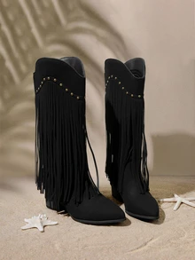 Tropiscape Women's Mid-Calf Boots Vintage Punk Rivet V-Cut Western Cowboy Boots With Fringe, Match With Sweater - Black - View 1