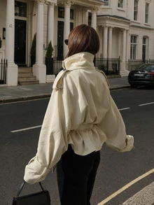 Women Fall Elegant Casual Beige High Neck Long Sleeve Short Jacket For Vacation Office Going Out - Apricot - View 3