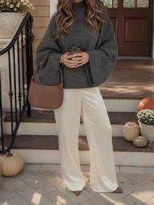 FOR BEAUTY Autumn/Winter Y2K Elegant Grey Bell Sleeve High Neck Loose Knit Sweater Top For Women, Suitable For Outings, Parties, Vacations, Concerts - Grey - View 9