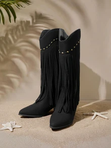 Tropiscape Women's Mid-Calf Boots Vintage Punk Rivet V-Cut Western Cowboy Boots With Fringe, Match With Sweater - Black - View 2