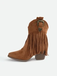 CHICVUE Women's Fashion Fringe Decor Rivet Platform Slip-On Boots, Versatile, Solid Color - Brown - View 3
