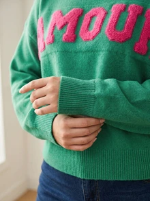 Women's Plus Size Green Cupid Pattern Ribbed Knit Pullover Sweater, Long Dropped Shoulder Round Neck Regular Length Knit Top, Suitable For Autumn Wear - Green - View 5