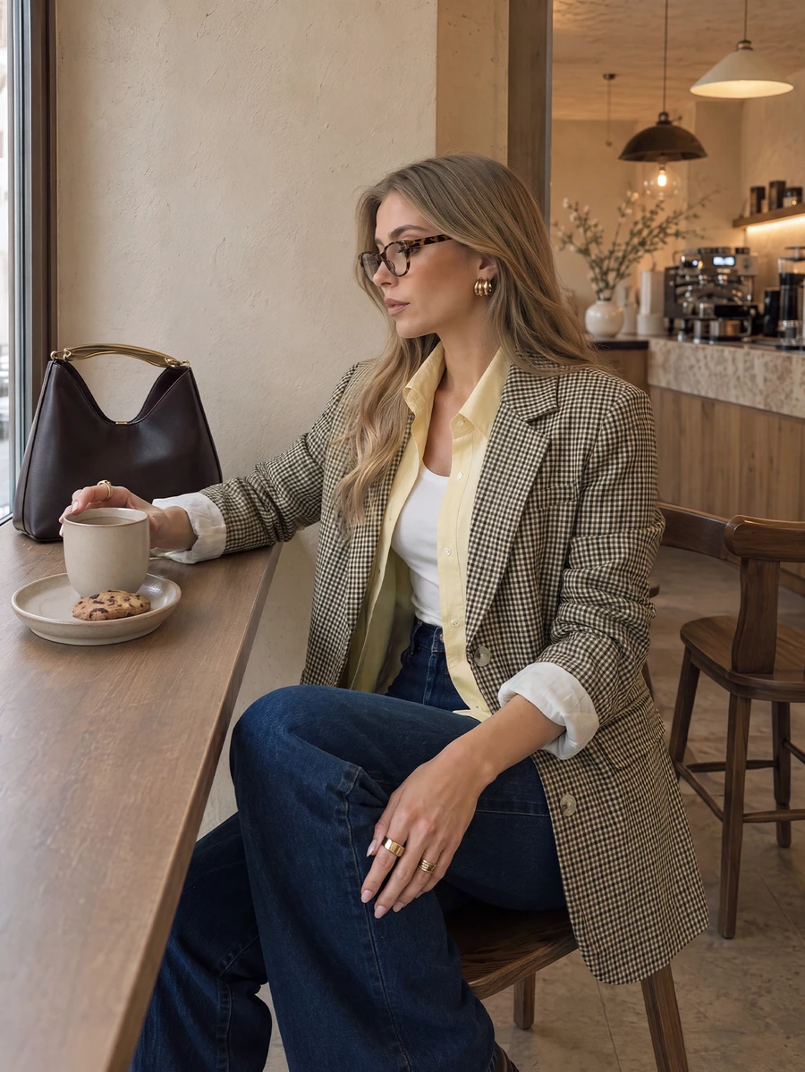 Women Fall Elegant Casual Plaid Single Breasted Long Sleeve Blazer For Vacation Office Going Out - Multicolor - View 1