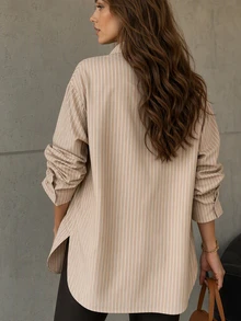 Solstice Apparel Plus Size Khaki & White Vertical Striped Drop Shoulder Shirt, Sunflower Decor Button Front Slit Long Sleeve Casual Commute Women's Blouse - Khaki - View 2