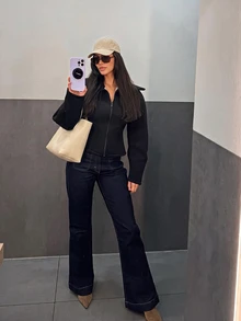 Women's Wide Zipper Jacket, Fashion Slim Fit Lightweight Solid Color Outerwear, Suitable For Spring And Autumn Black - Black - View 2