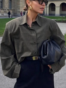 格子图案宽松垫肩长袖翻领衬衫，女士春季长袖上衣 - 軍綠色 - 查看 3