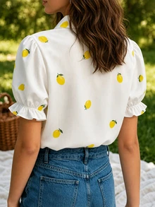 Camisa con cuello bordado de limón blanco de Solstice Apparel, top casual de manga corta con mangas abullonadas y puños con volantes, estilo Cottagecore de verano - Blanco - Ver 2