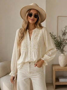 HH Elegant Floral Embroidery Hollow-Out Long Sleeve Women Casual Blouse, Spring/Summer - Apricot - View 4