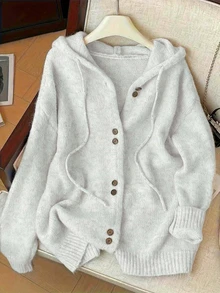 Plus Size Women's Hooded Knit Cardigan, Autumn/Winter Long Sleeve Loose Button-Up, Casual Everyday Essential - Off White - View 1