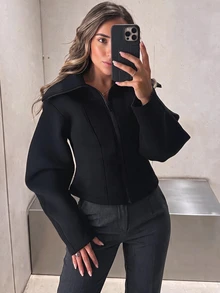 Women's Wide Zipper Jacket, Fashion Slim Fit Lightweight Solid Color Outerwear, Suitable For Spring And Autumn Black - Black - View 1