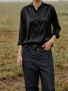 Damen Ganzjahres Einfarbige Bluse, Pendeln Arbeit Täglich Büro Minimalistisches Langarm Top, Schwarz - Schwarz - Übersicht 2
