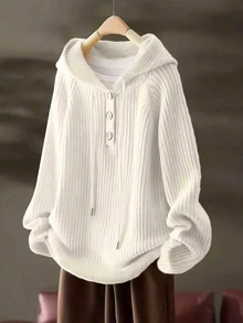 Sweater Pullover Berkerudung Leher Henley Bergaris Kancing untuk Wanita Ukuran Plus, Pakaian Wajib Musim Gugur/Dingin, Lengan Panjang Kasual - Putih - View 4