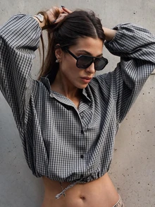 Women's Plaid Long Sleeve Shirt With Elastic Hem, Casual Style, Front Button Closure, Checkered Pattern - Black and White - View 3