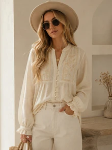 HH Elegant Floral Embroidery Hollow-Out Long Sleeve Women Casual Blouse, Spring/Summer - Apricot - View 5
