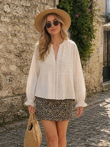 HH Elegant & Unique French Style Blouse, Floral Embroidery & Hollow-Out Design, Women's Long Sleeve Casual Shirt For Spring/Summer - Khaki - View 3